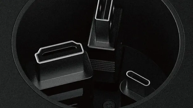 RAV-RC-HU in-desk cubby close-up showing USB-C, HDMI and USB connections