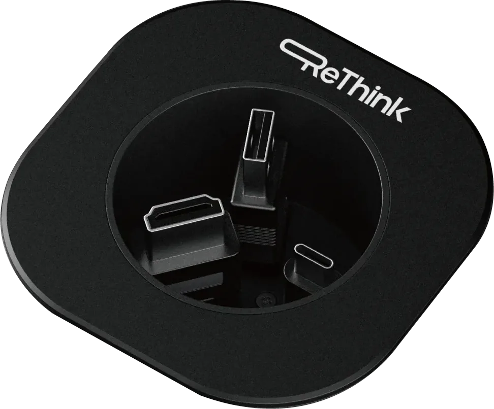 RAV-RC-HU — 嵌入會議桌面，內附 USB-C、HDMI 與 USB 線材，桌面保持整潔。