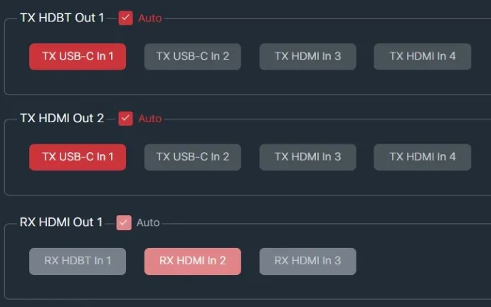 ReThink AV web interface showing input and output routing
